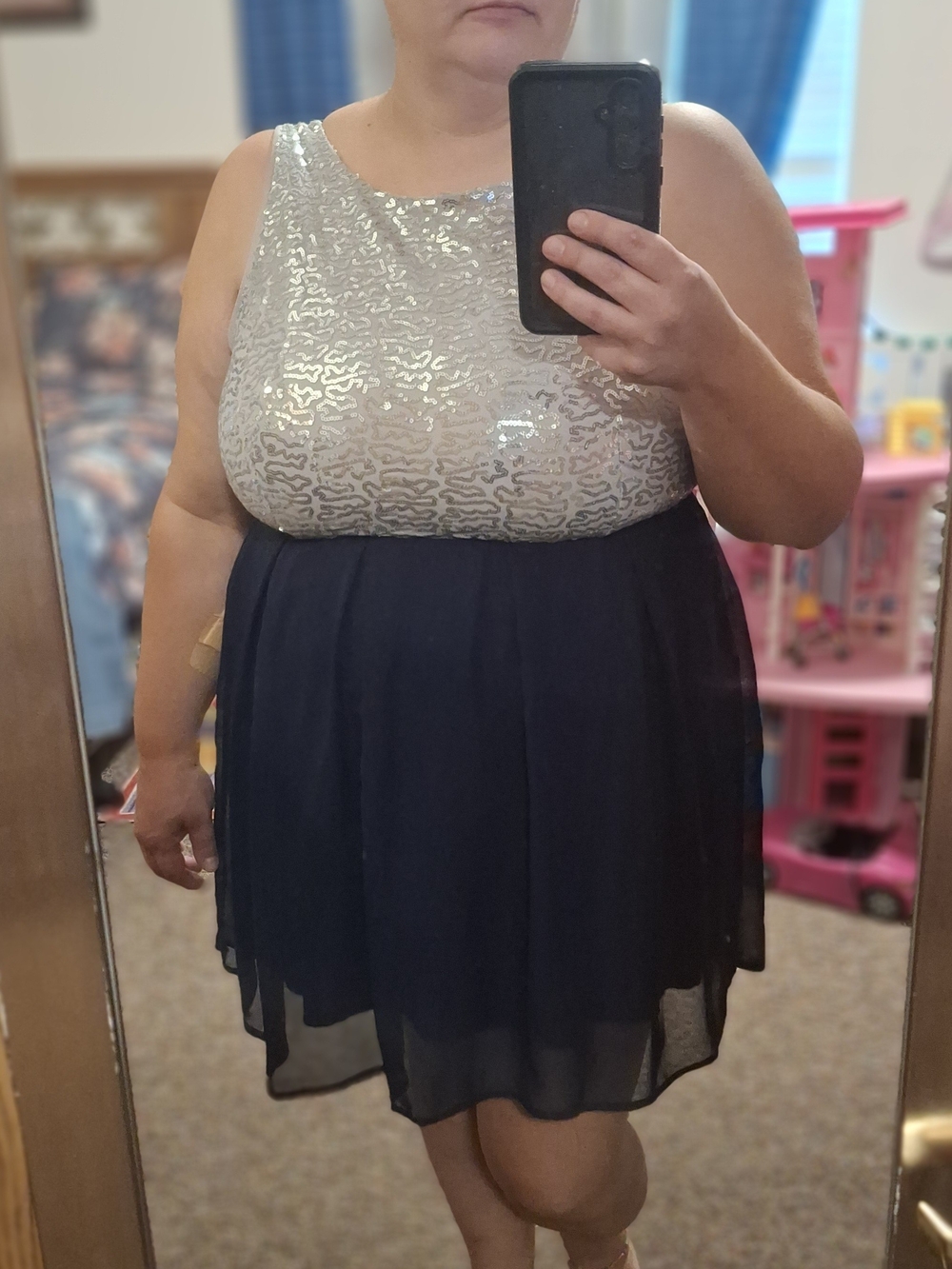 B Darlin Silver Sequin Bodice Navy Chiffon Skater Skirt